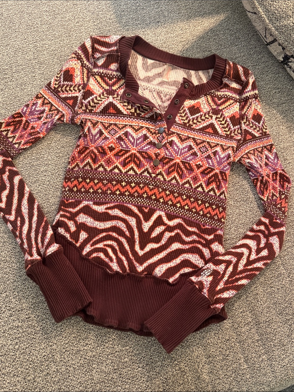 FP Movement by Free People Maroon Multicolor Patterned Henley Long Sleeve Top